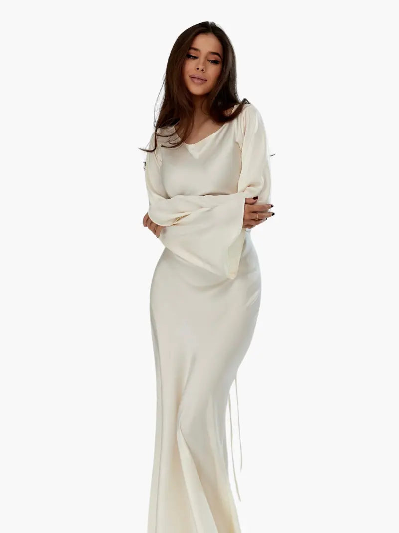 Adelgunde | Damen Langarm Maxikleid mit eleganter Silhouette - White - Image 23