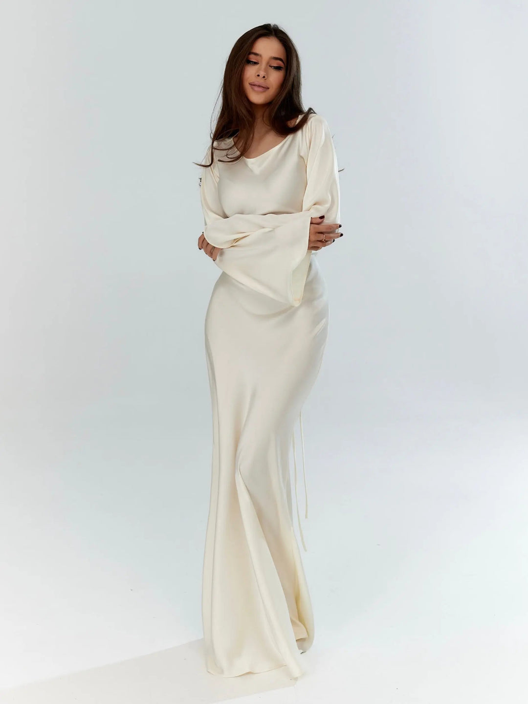 Adelgunde | Damen Langarm Maxikleid mit eleganter Silhouette - White - Image 6