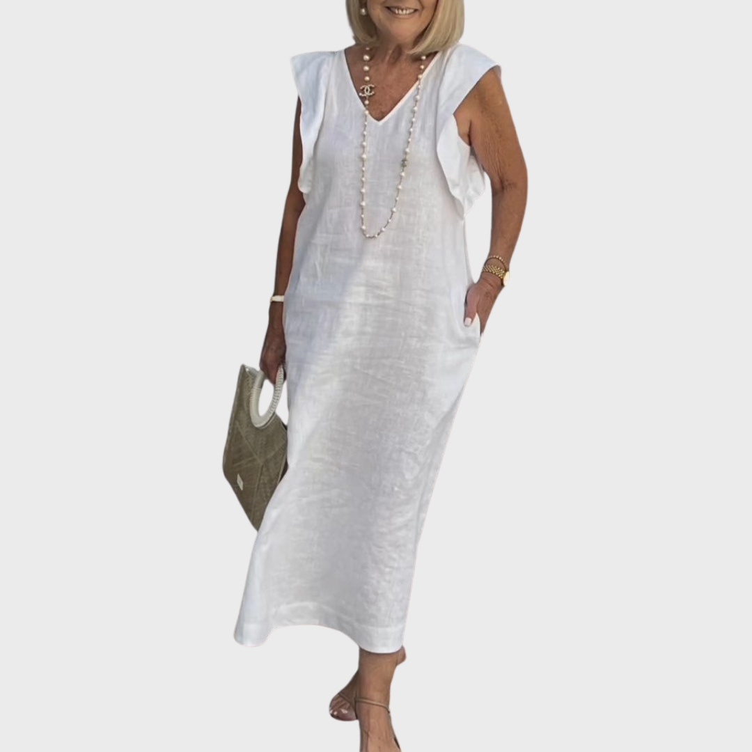 Adelina | Damen Ärmellos V-Ausschnitt Maxi Kleid - White - Image 1