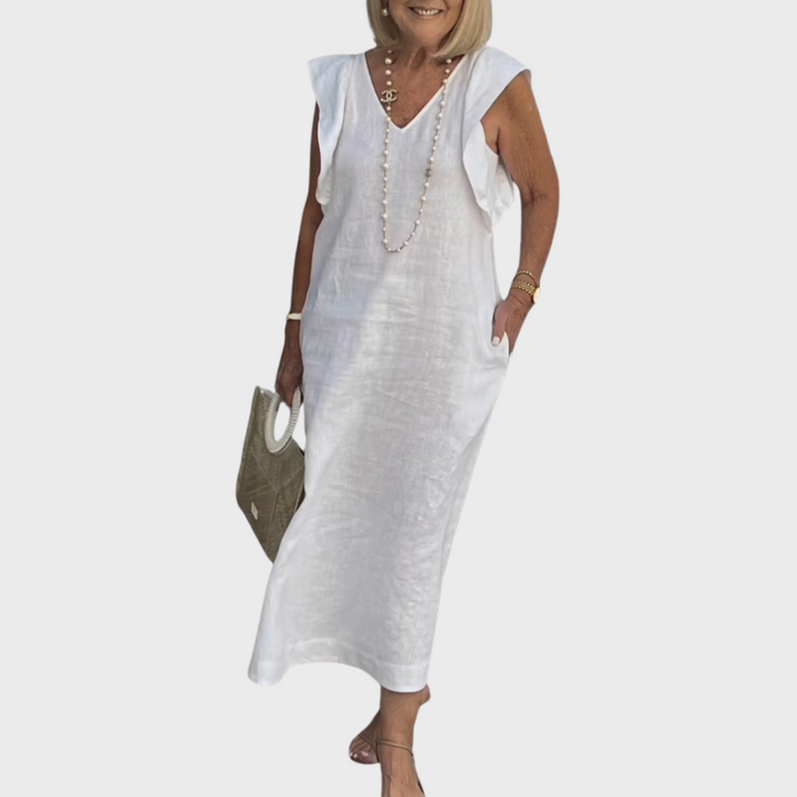 Adelina | Damen Ärmellos V-Ausschnitt Maxi Kleid - White - Image 1