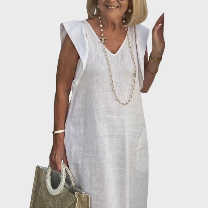 Adelina | Damen Ärmellos V-Ausschnitt Maxi Kleid - White - Image 2