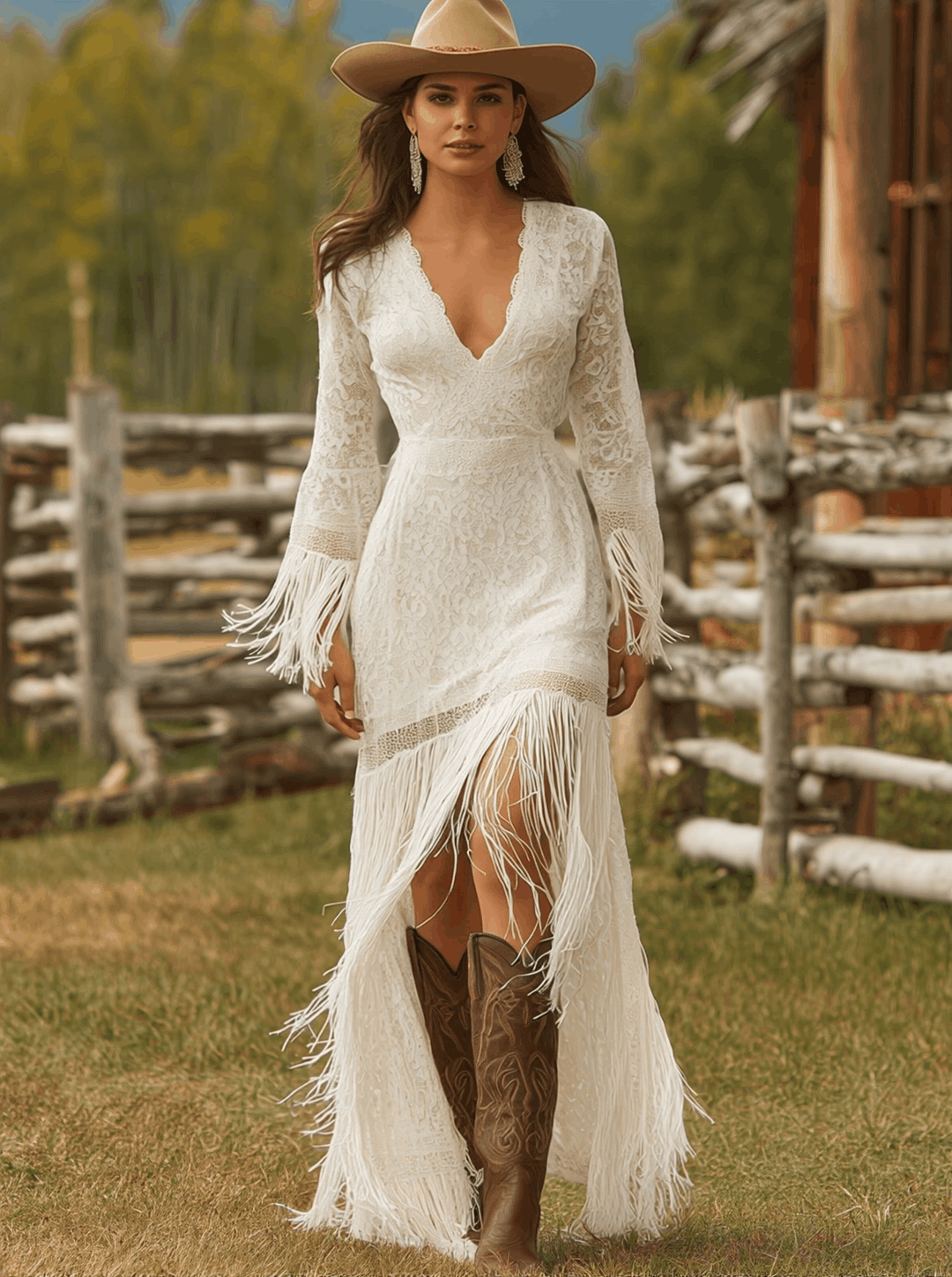 Adelina | Damen V-Ausschnitt Langarm Maxikleid mit Fransen - White - Image 2