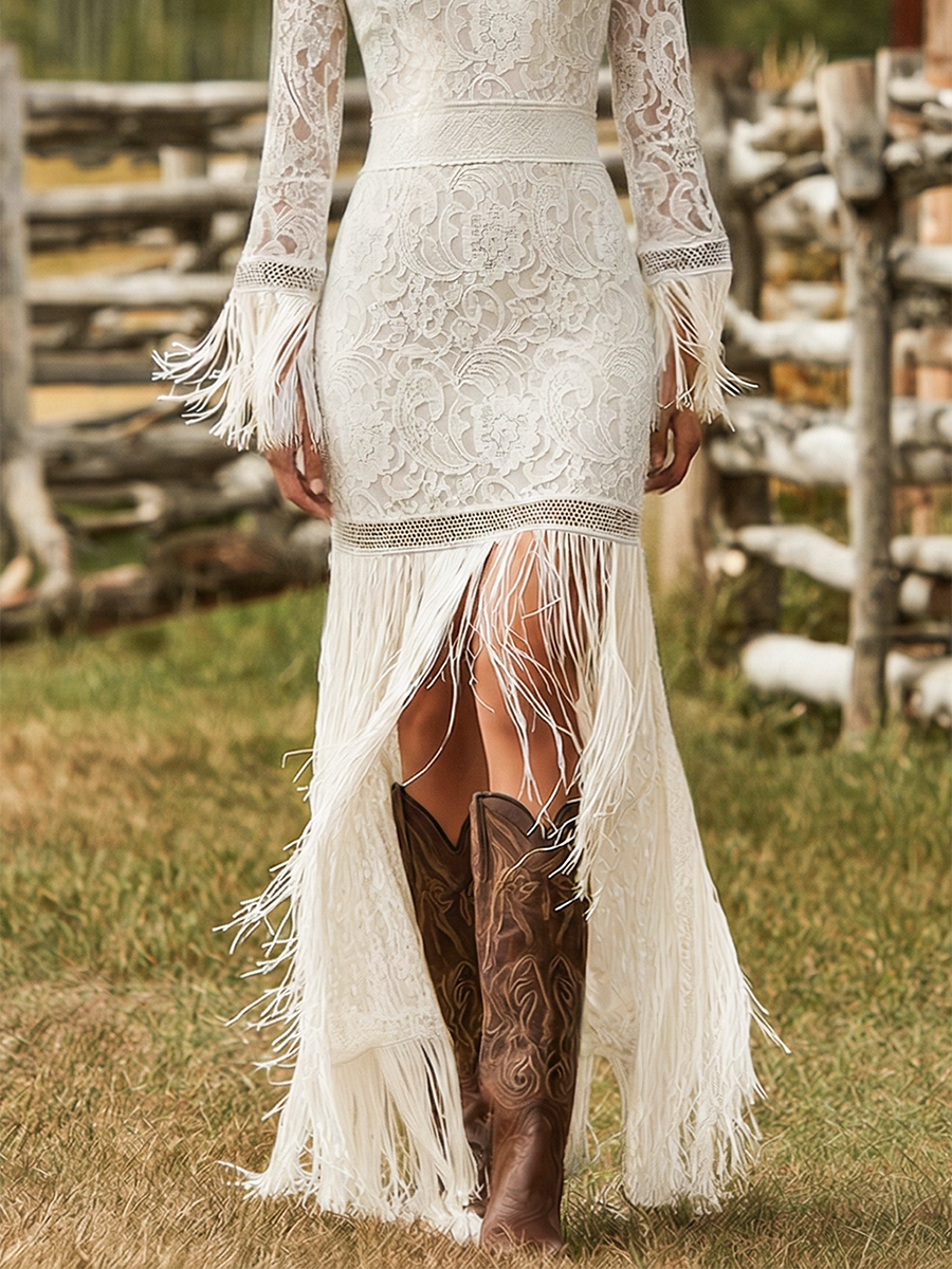 Adelina | Damen V-Ausschnitt Langarm Maxikleid mit Fransen - White - Image 8