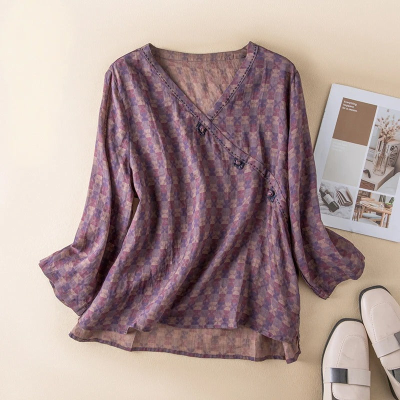 Jema | Damen Bluse Paisley Muster V-Ausschnitt Langarm