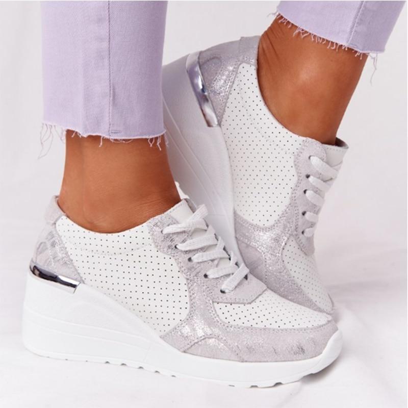 Gina | Damen Keilsneaker Plateau Schnürschuhe Metallic Freizeitschuhe