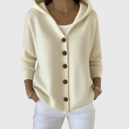 Albina | Damen Strickjacke mit Kapuze Geknöpft - Cream - Image 1
