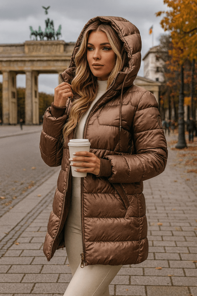 Aldvika | Damen Steppjacke Lang mit Kapuze - Bronze - Image 1