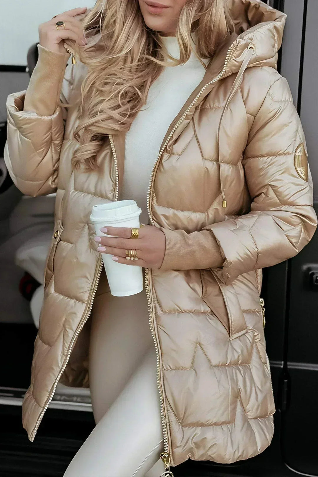 Aldvika | Damen Steppjacke Lang mit Kapuze - Bronze - Image 3