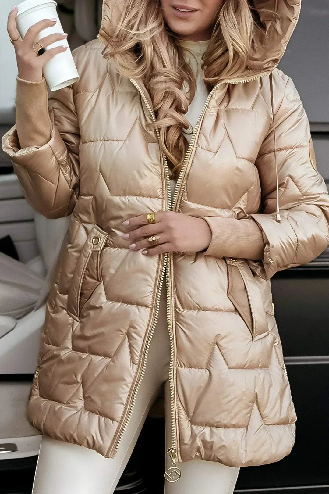 Aldvika | Damen Steppjacke Lang mit Kapuze - Bronze - Image 5