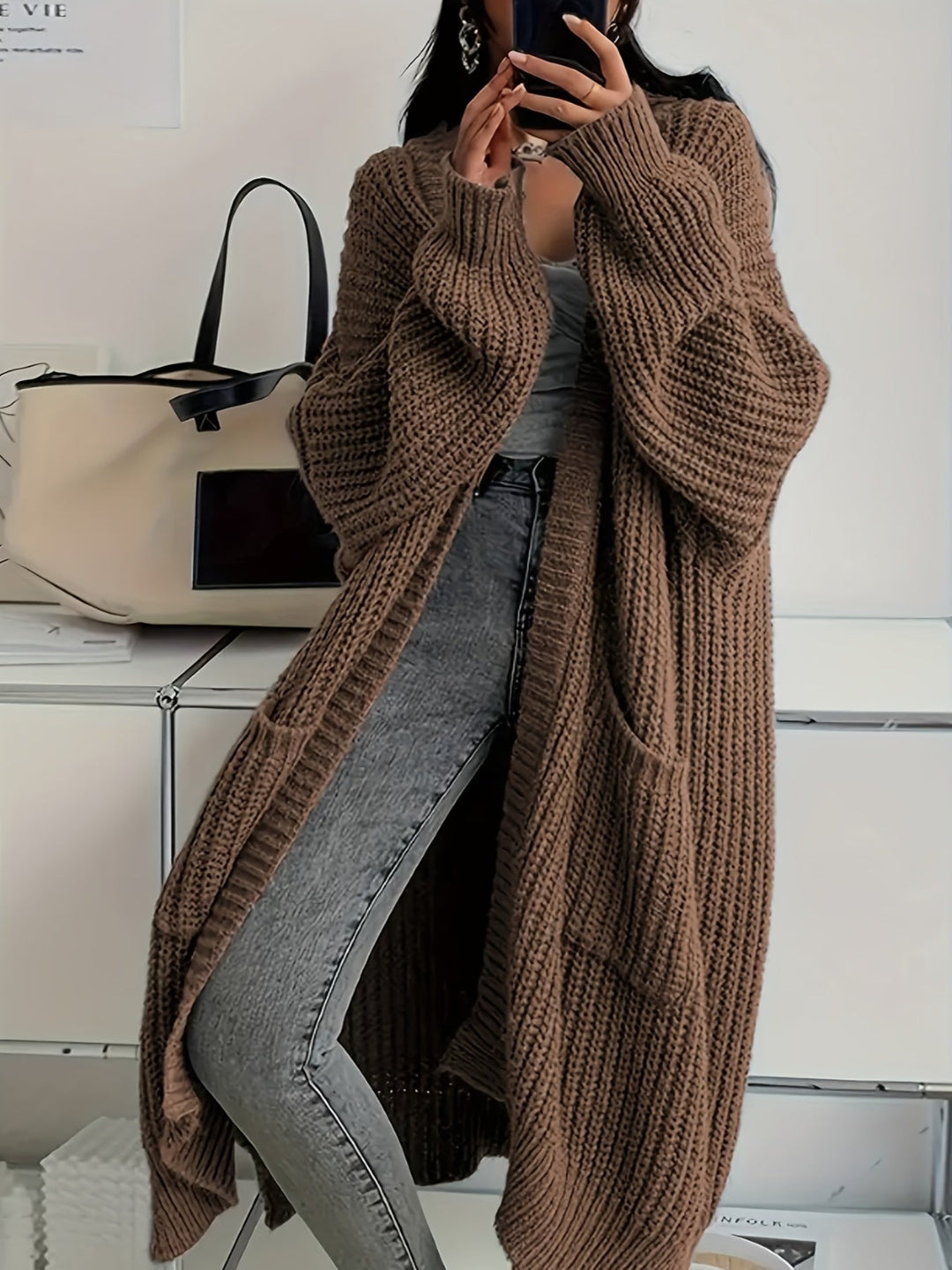 Aldvina | Damen Longline Strickjacke Oversized - Brown - Image 1