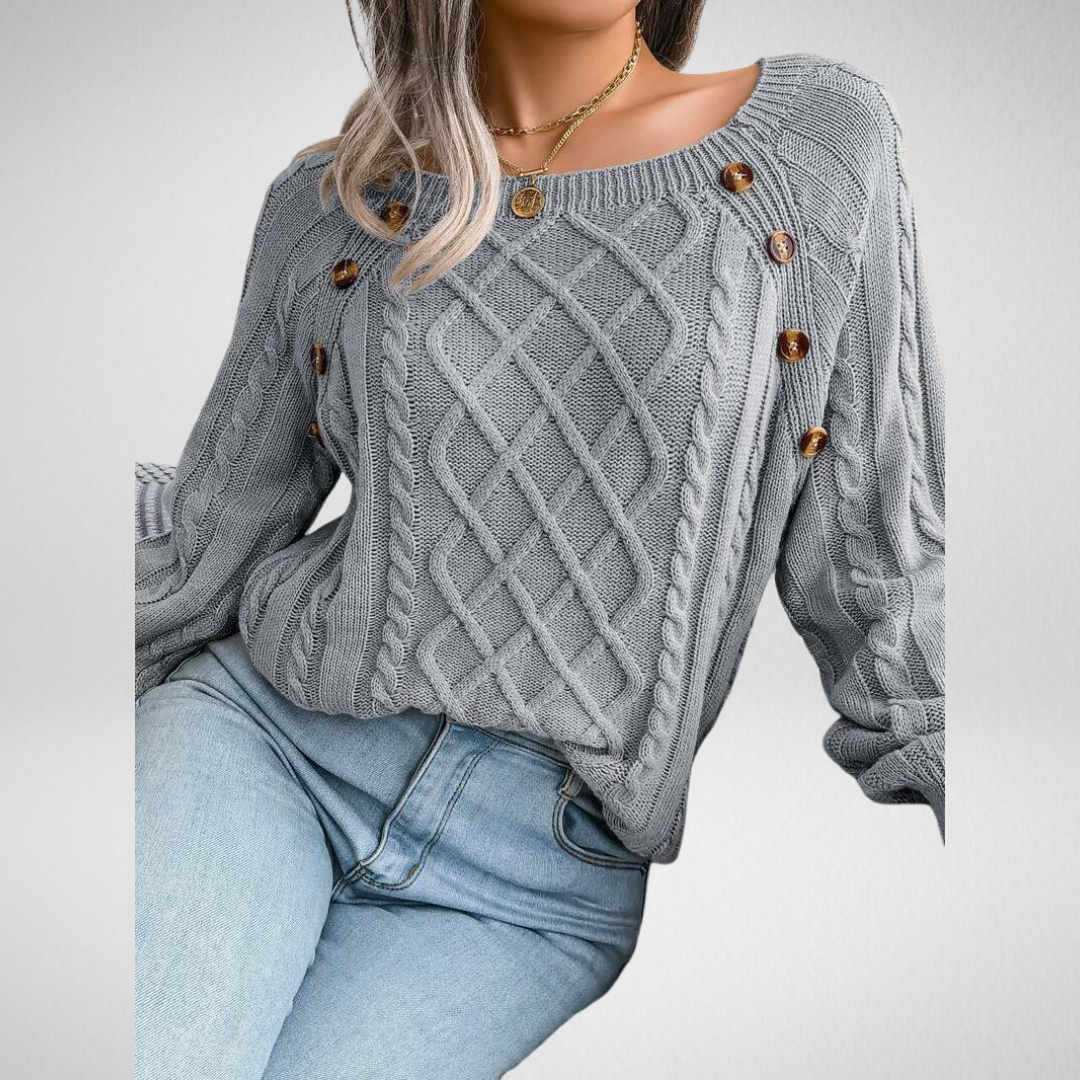 Aldwina | Damen Zopfmuster-Strickpullover mit Knöpfen - Grey - Image 1