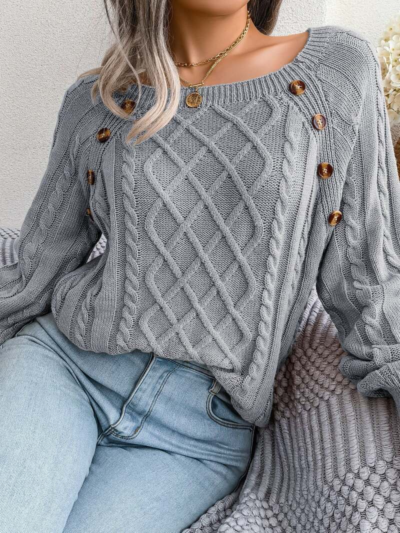 Aldwina | Damen Zopfmuster-Strickpullover mit Knöpfen - Grey - Image 2