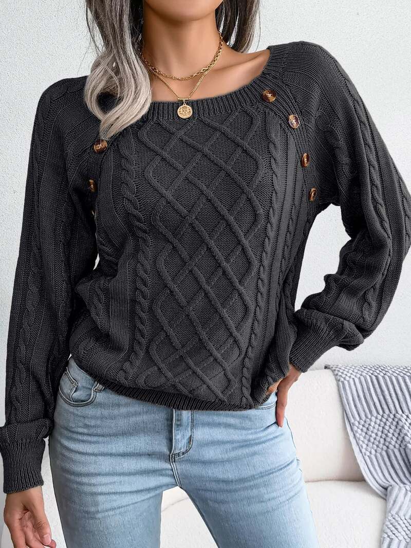 Aldwina | Damen Zopfmuster-Strickpullover mit Knöpfen - Grey - Image 3