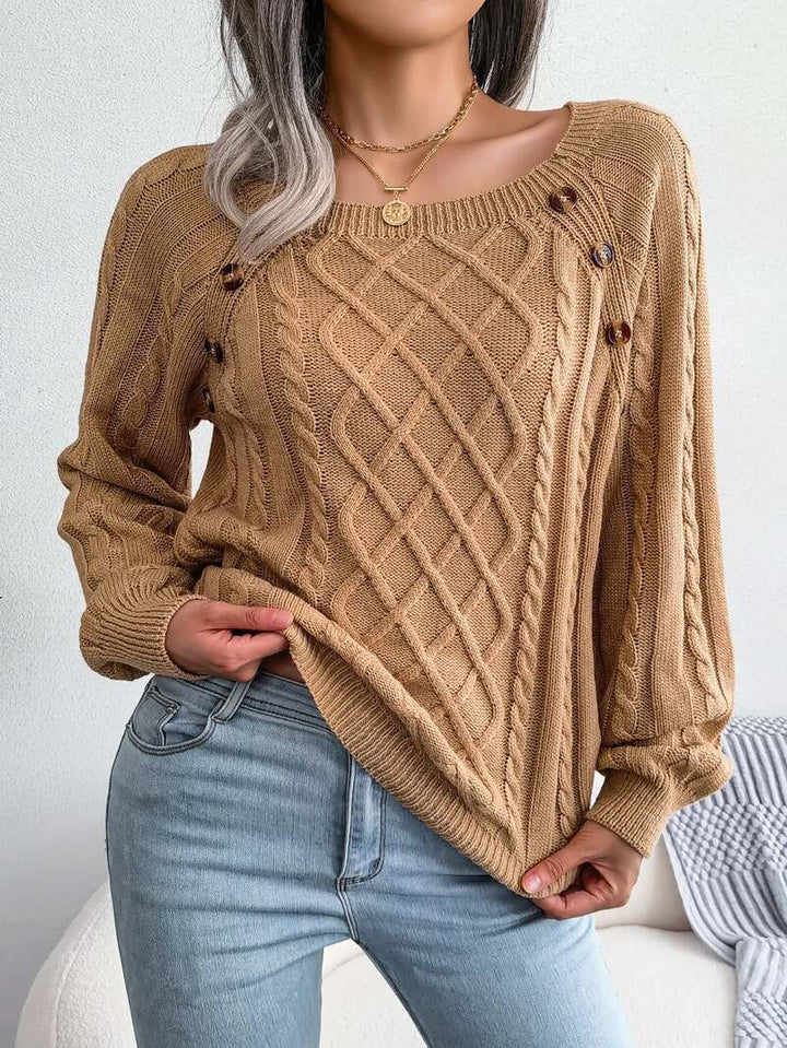 Aldwina | Damen Zopfmuster-Strickpullover mit Knöpfen - Grey - Image 4