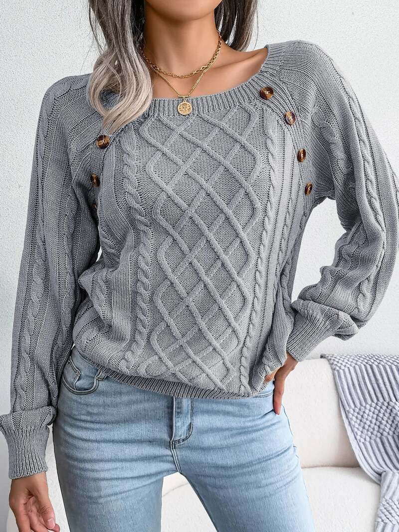 Aldwina | Damen Zopfmuster-Strickpullover mit Knöpfen - Grey - Image 6