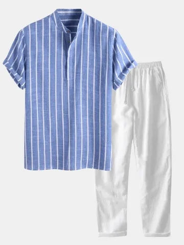 Nirdo | Herren Sommer Set Streifenhemd und Hose Freizeitset