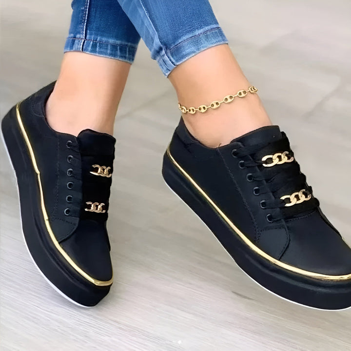 Luna | Damen Sneaker Golddetail Schnürschuh Plateau Freizeitschuh