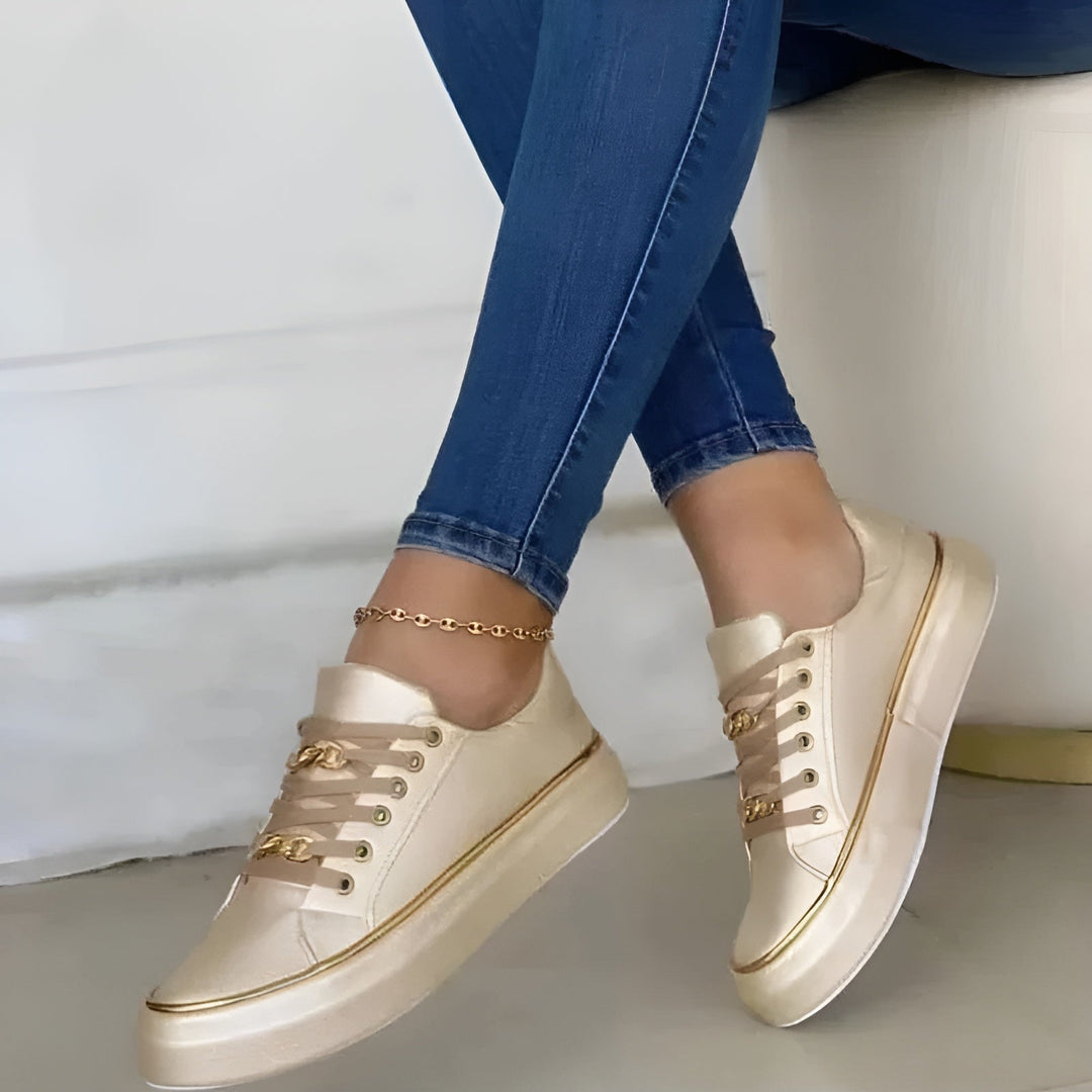 Luna | Damen Sneaker Golddetail Schnürschuh Plateau Freizeitschuh