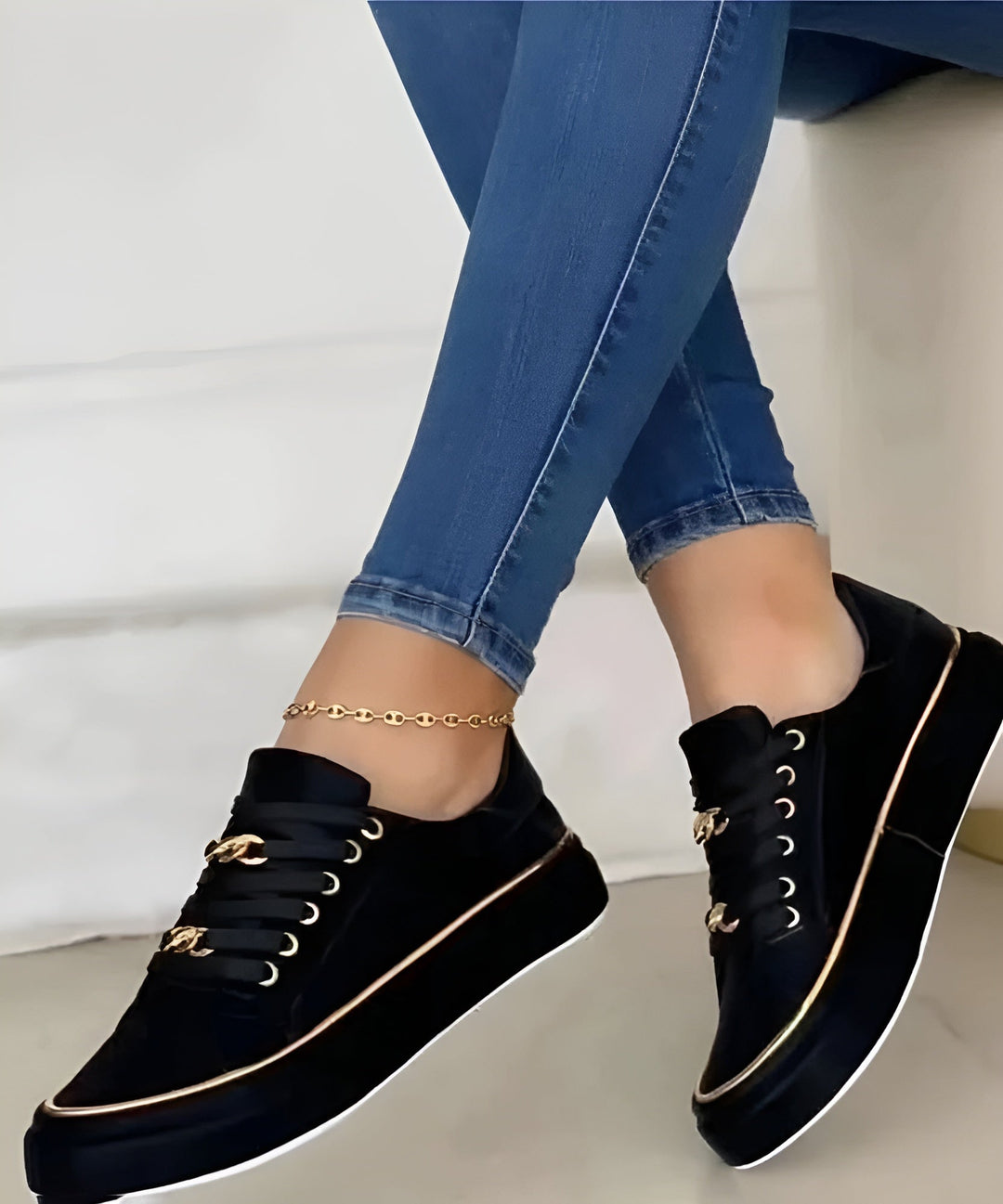 Luna | Damen Sneaker Golddetail Schnürschuh Plateau Freizeitschuh