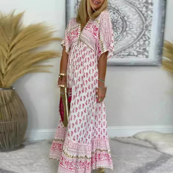 Allegra | Damen Boho Maxikleid Kurze Ärmel - Pink - Image 1