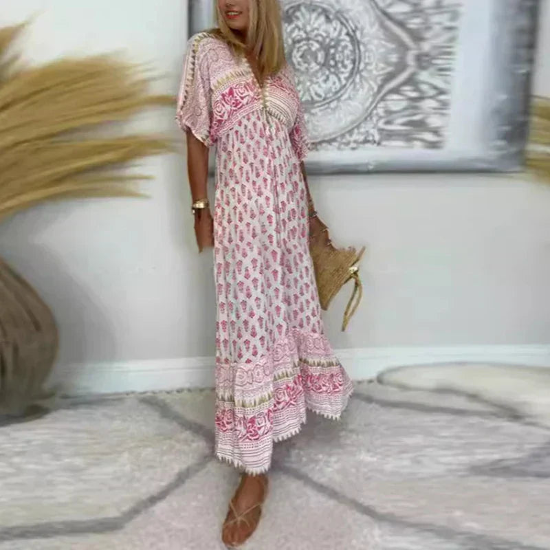Allegra | Damen Boho Maxikleid Kurze Ärmel - Pink - Image 2