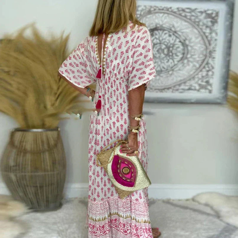 Allegra | Damen Boho Maxikleid Kurze Ärmel - Pink - Image 3
