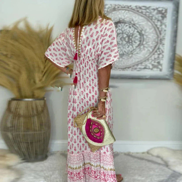 Allegra | Damen Boho Maxikleid Kurze Ärmel - Pink - Image 3