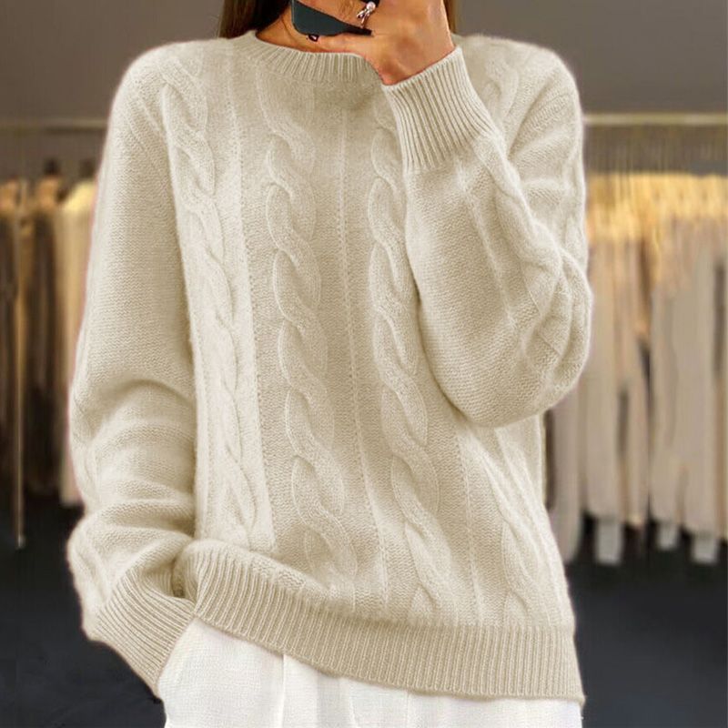 Almeda | Damen Zopfmuster Strickpullover Rundhals - Cream - Image 1