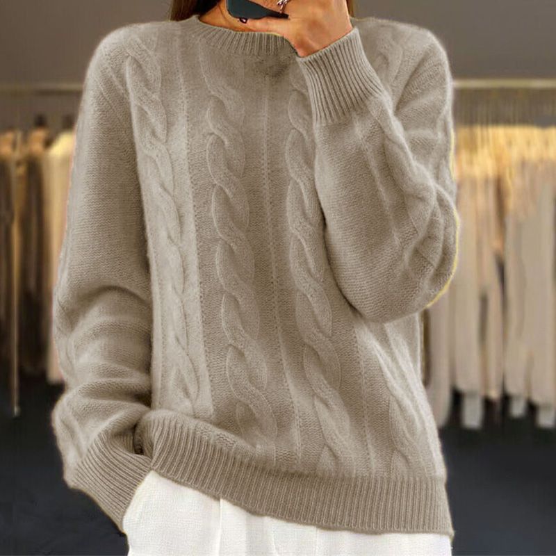 Almeda | Damen Zopfmuster Strickpullover Rundhals - Cream - Image 2