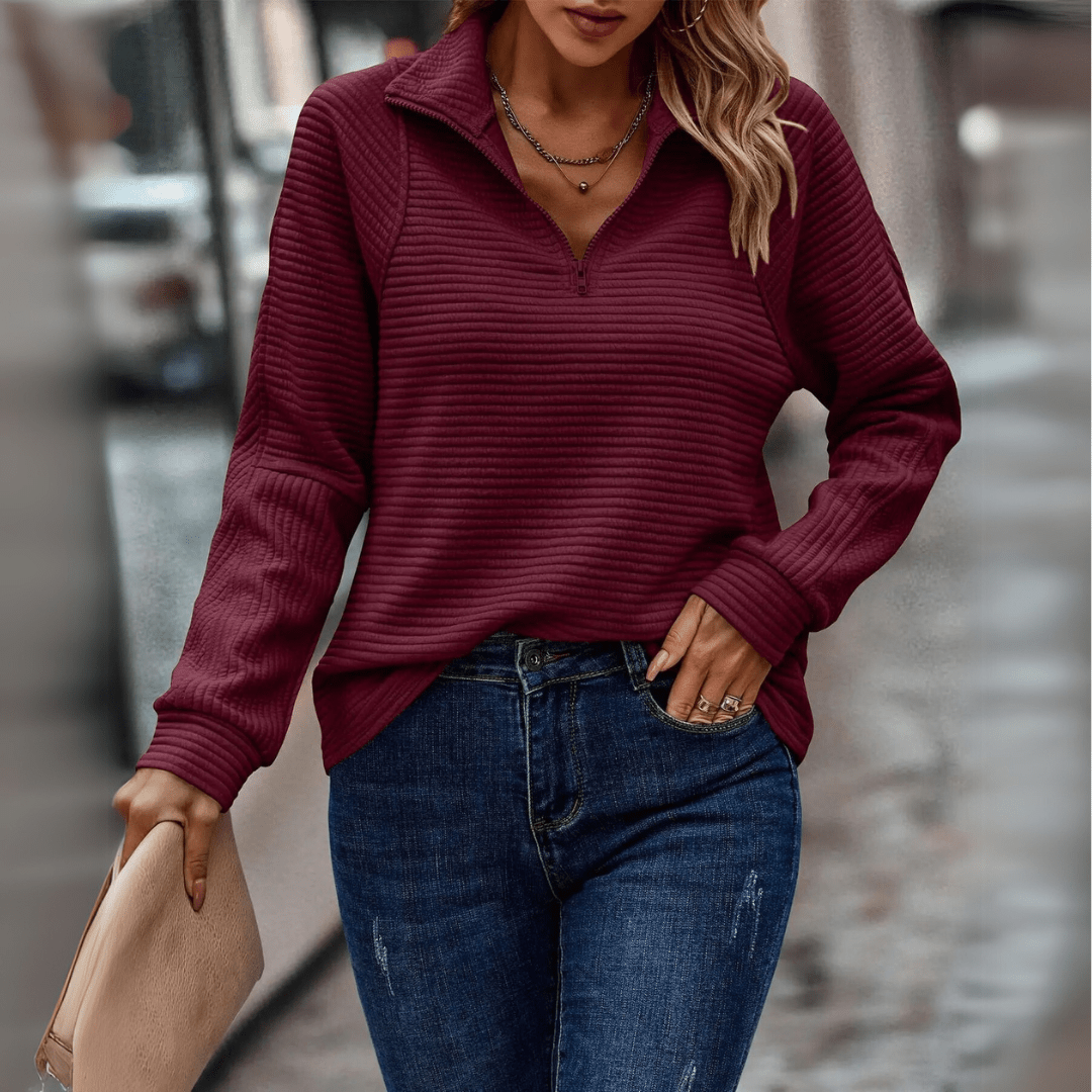 Almeke | Damen Gerippter Pullover mit Reißverschluss - Pink - Image 6