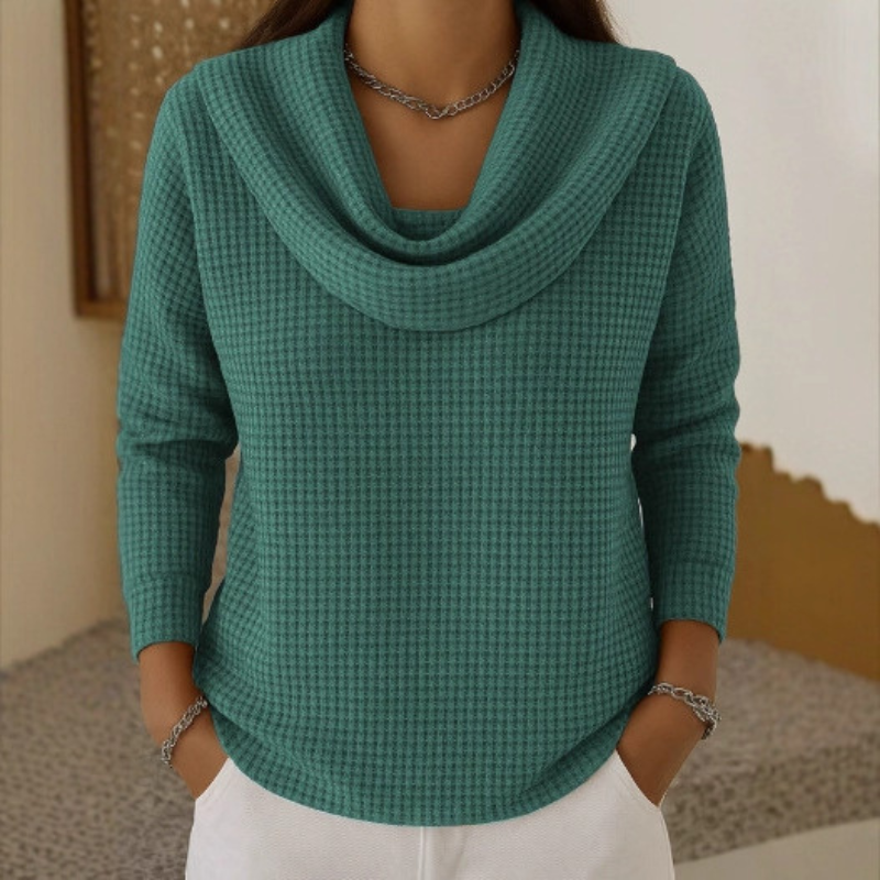 Almeke | Damen Strickpullover Wasserfallkragen Waffelstruktur - Teal - Image 1