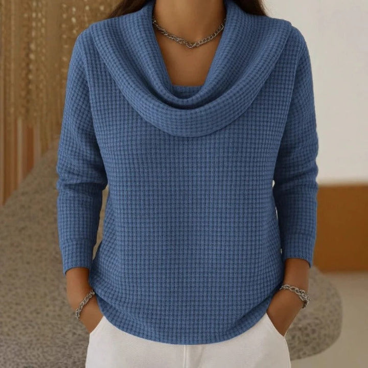 Almeke | Damen Strickpullover Wasserfallkragen Waffelstruktur - Teal - Image 2