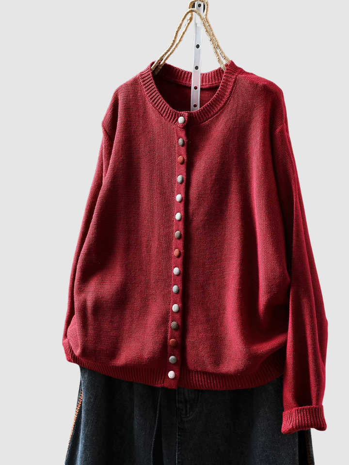 Almhild | Damen Strickjacke mit Knöpfen Rundhals - Red - Image 1