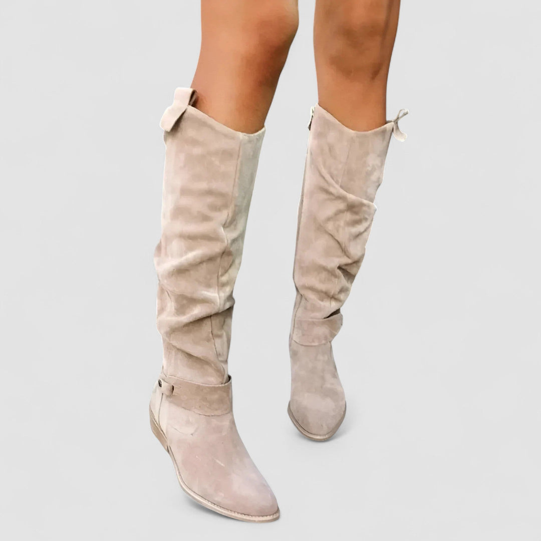 Almina | Damen Kniehohe Stiefel mit weitem Schaft - Beige - Image 2
