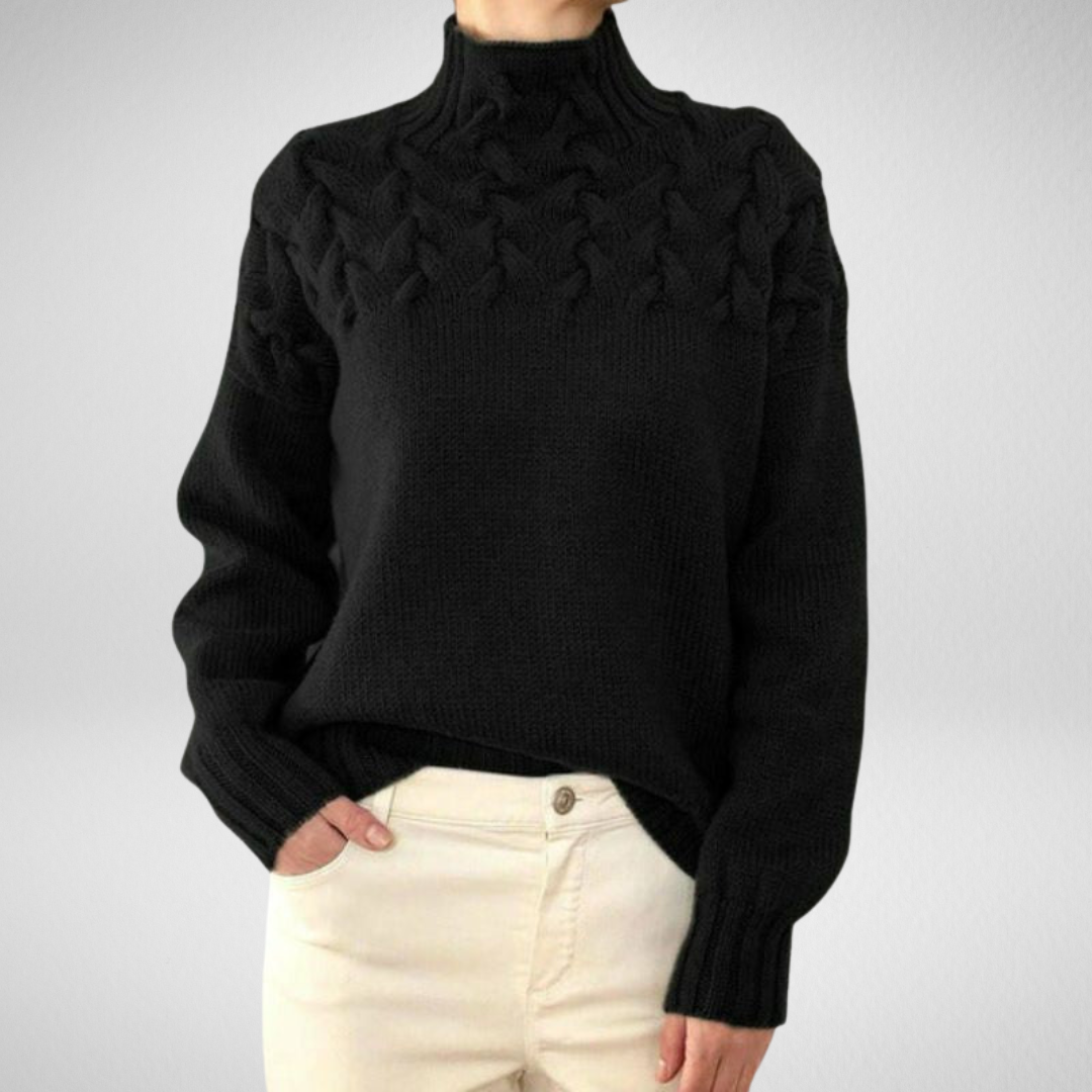 Almonde | Damen Zopfmuster Strickpullover mit Rollkragen - Black - Image 1