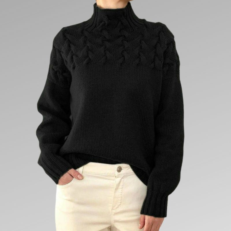 Almonde | Damen Zopfmuster Strickpullover mit Rollkragen - Black - Image 2