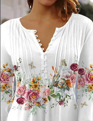 Almut | Damen Langarmbluse Blumenprint V-Ausschnitt - White - Image 1