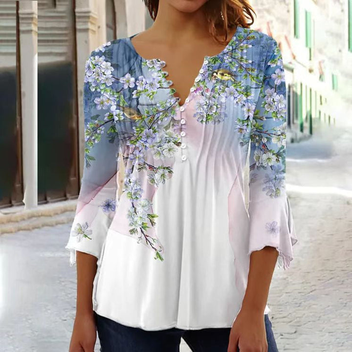 Almut | Damen Langarmbluse Blumenprint V-Ausschnitt - White - Image 10