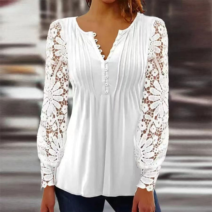 Almut | Damen Langarmbluse Blumenprint V-Ausschnitt - White - Image 5