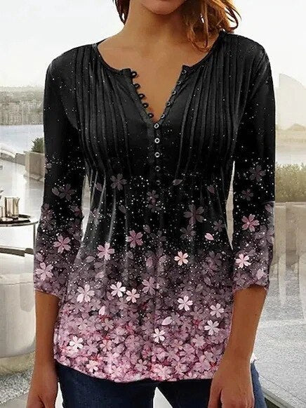Almut | Damen Langarmbluse Blumenprint V-Ausschnitt - White - Image 7