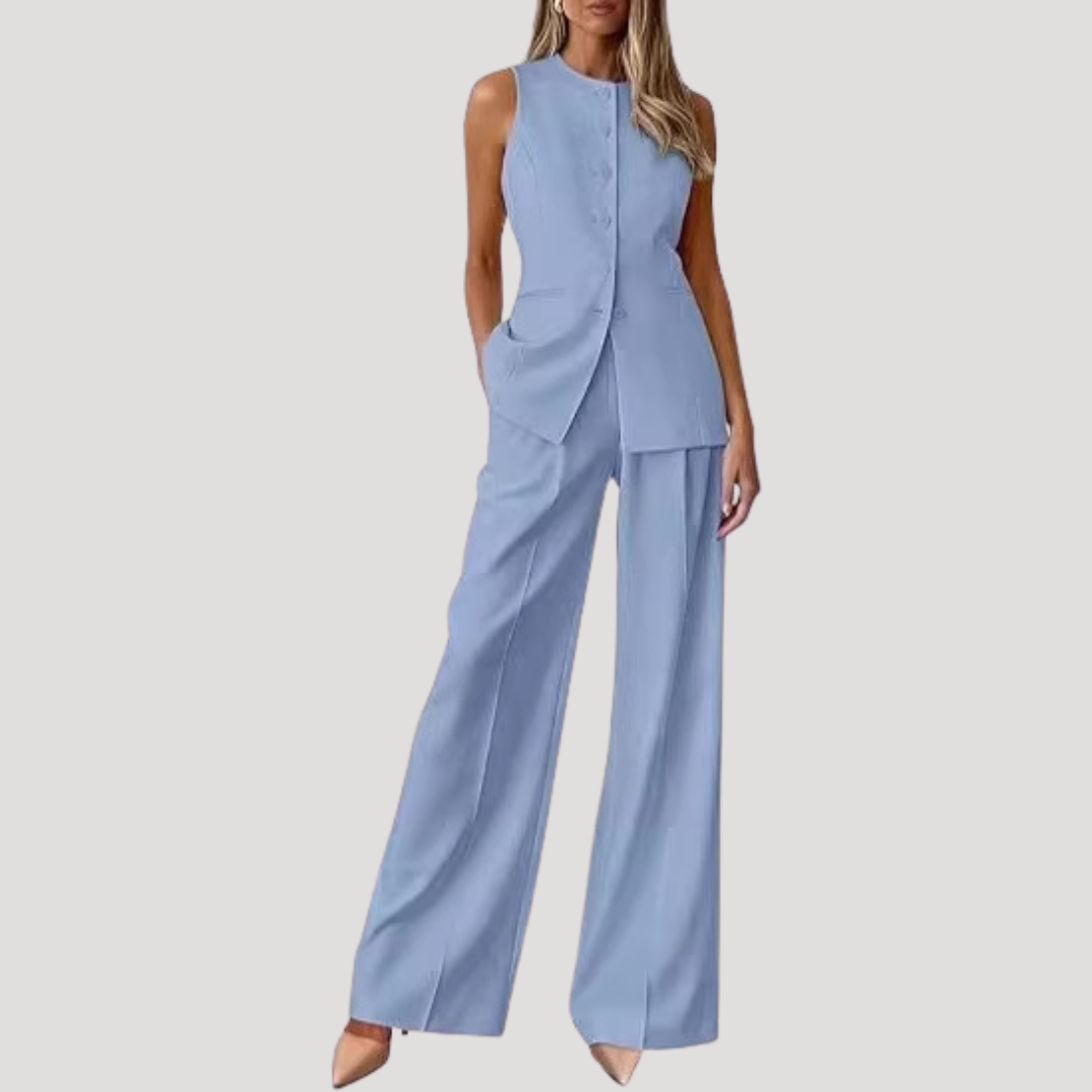 Alwine | Damen Hosenanzug Ärmellos Weite Hose Zweiteiler - Light Blue - Image 1