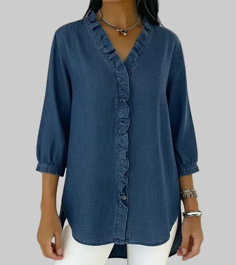 Amalia | Damen Rüschen V-Ausschnitt Bluse - Blue - Image 1