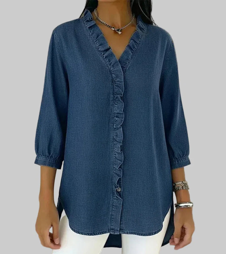 Amalia | Damen Rüschen V-Ausschnitt Bluse - Blue - Image 1