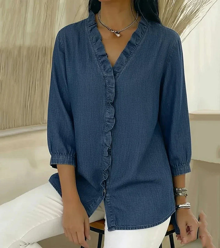 Amalia | Damen Rüschen V-Ausschnitt Bluse - Blue - Image 3
