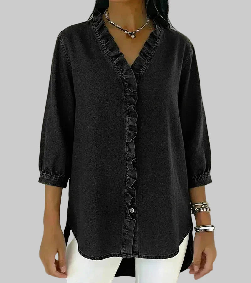 Amalia | Damen Rüschen V-Ausschnitt Bluse - Blue - Image 5
