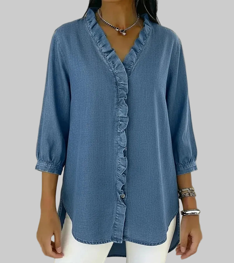 Amalia | Damen Rüschen V-Ausschnitt Bluse - Blue - Image 6