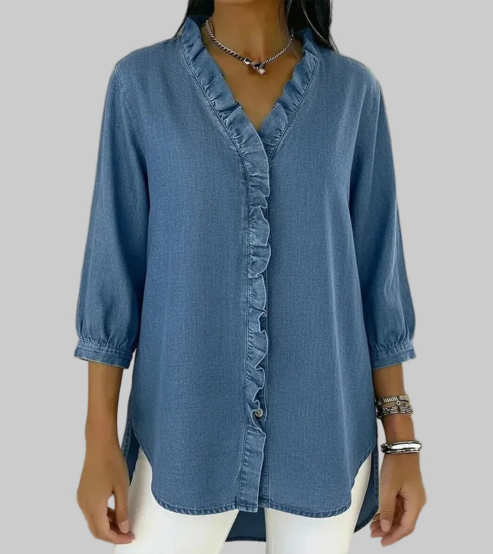 Amalia | Damen Rüschen V-Ausschnitt Bluse - Blue - Image 6