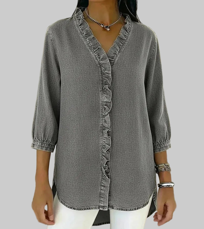 Amalia | Damen Rüschen V-Ausschnitt Bluse - Blue - Image 8