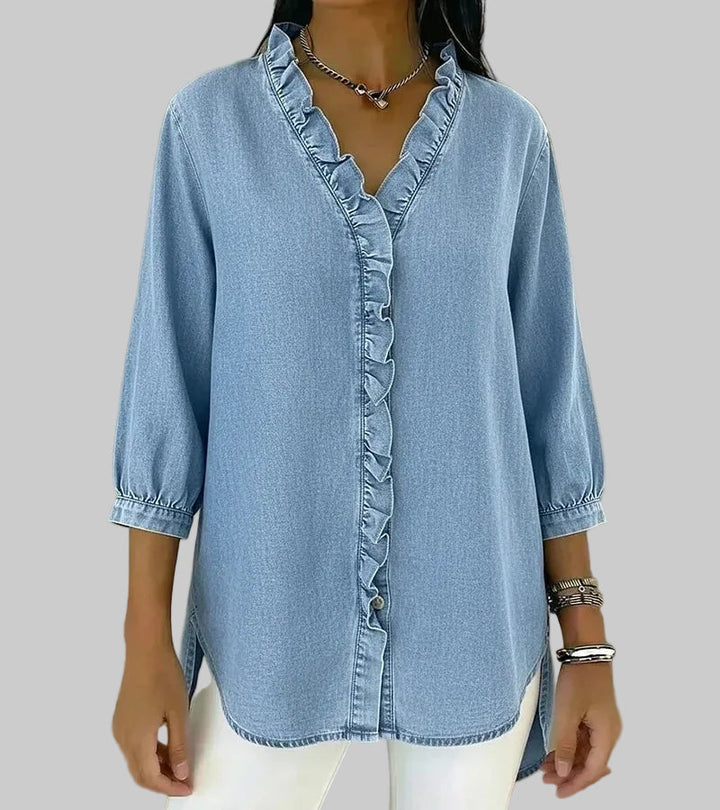 Amalia | Damen Rüschen V-Ausschnitt Bluse - Blue - Image 9