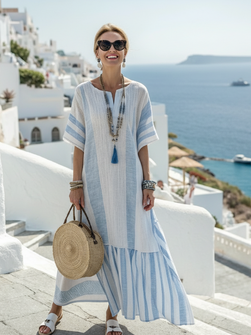 Amelia | Damen Gestreiftes Kurzärmeliges Maxikleid - Striped - Image 1